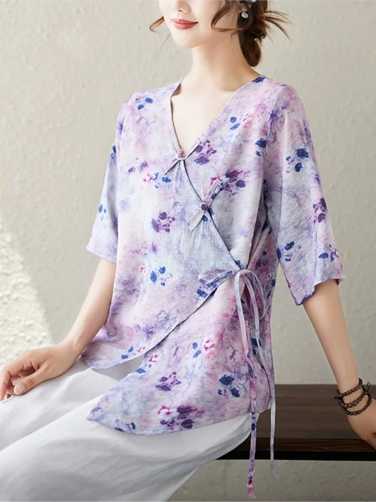 Oversized Flower Floral Summer T-Shirt Tops Women V-Neck Fashion Irregular Pleated Ladies Blouses Casual Short Sleeve Woman Tops