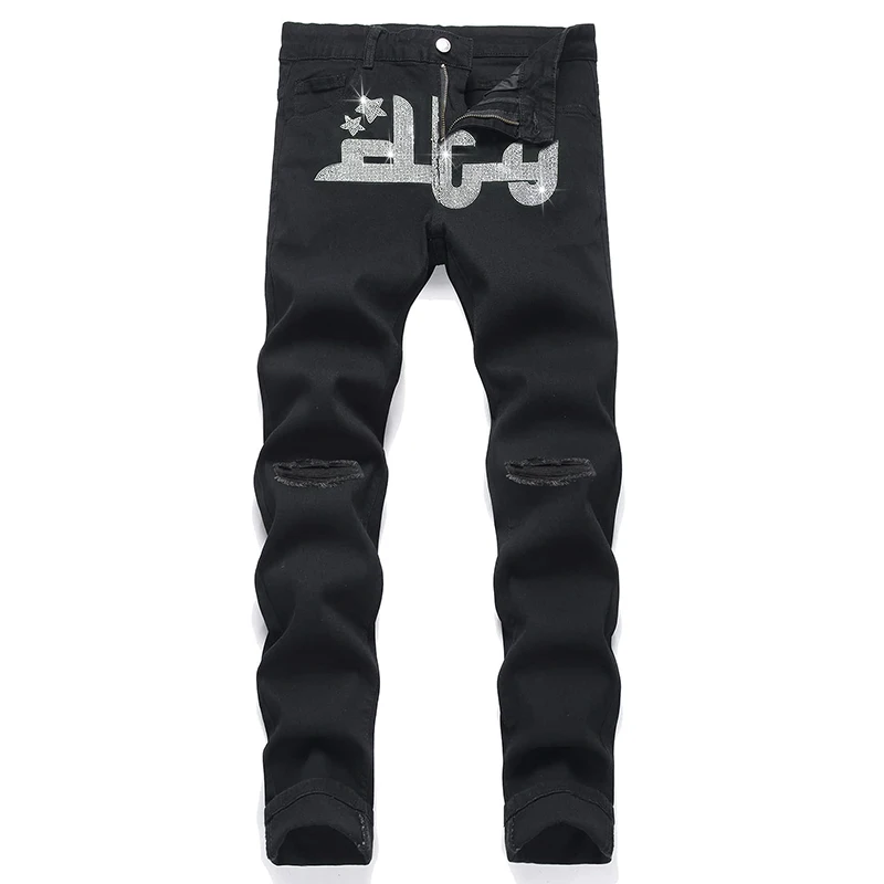 Y 2K Heren Kleding Zwart Stretch Gat Jeans Slim Fit Letter Strass Street Classic Broek Mode Man Denim Potlood Broek Nieuw