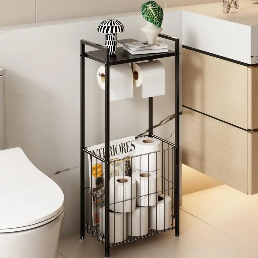 

Toilet Paper Holder Stand with Storage Shelf, Free Standing Toilet Paper Roll Holder with Large Basket Heavy Duty Floor Double T