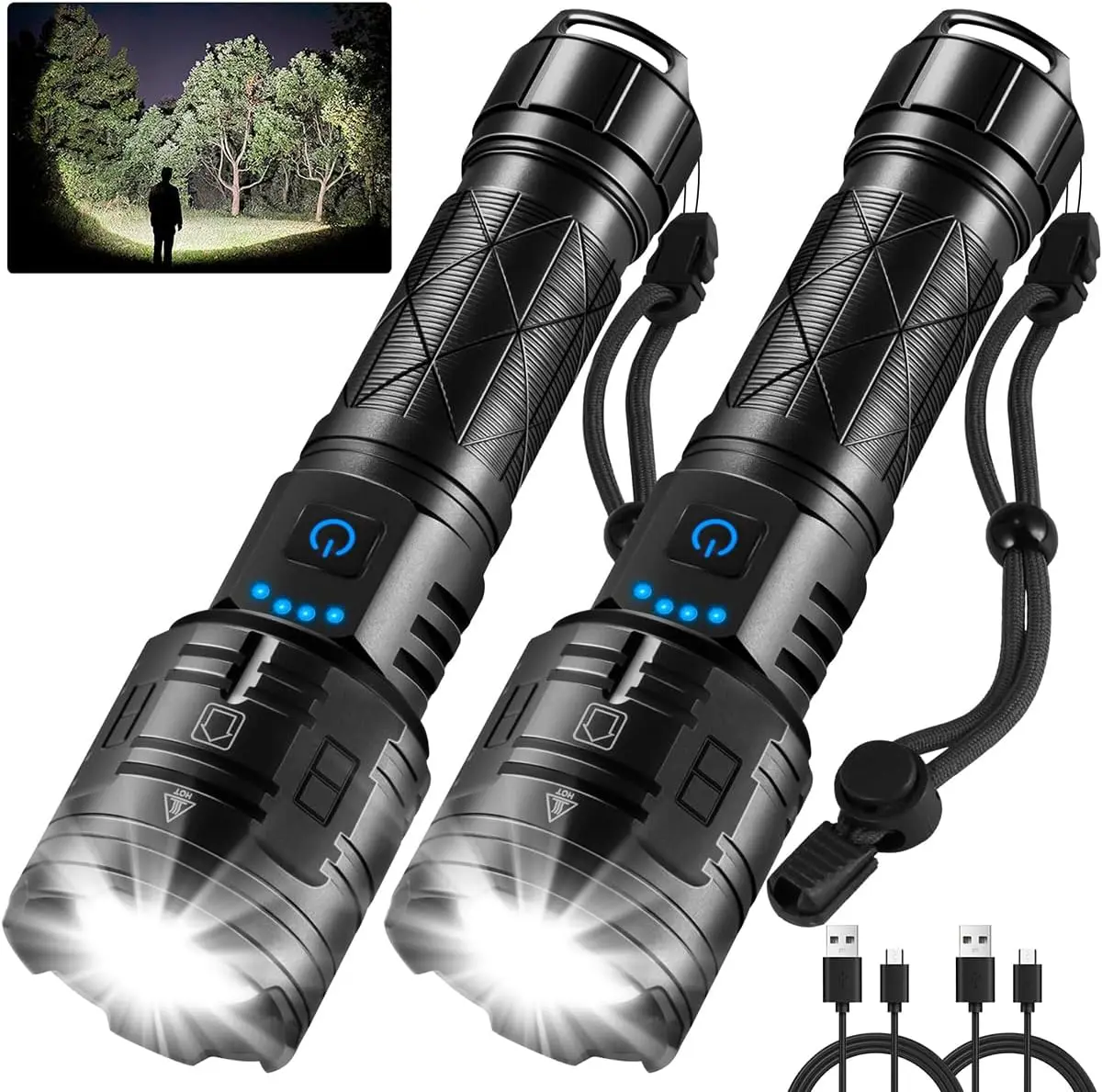2er-Pack wiederaufladbare taktische Taschenlampe mit hohem Lumen, 5 Modi, einstellbarer Fokus, wasserdicht, für Camping, Wandern