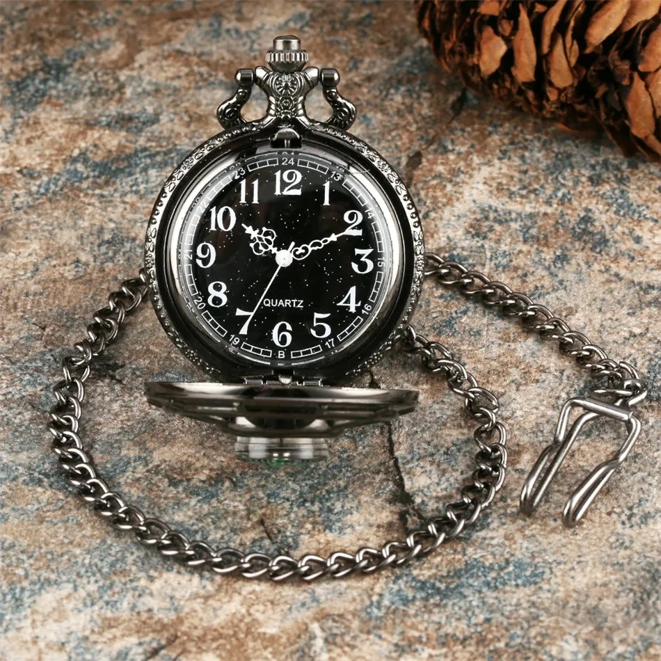 10 قطعة/الوحدة تصميم خمر الهيكل العظمي الجوف ساعة الجيب الأسود النجوم جولة الهاتفي العتيقة قلادة ساعة الرجعية هدايا الرجال النساء