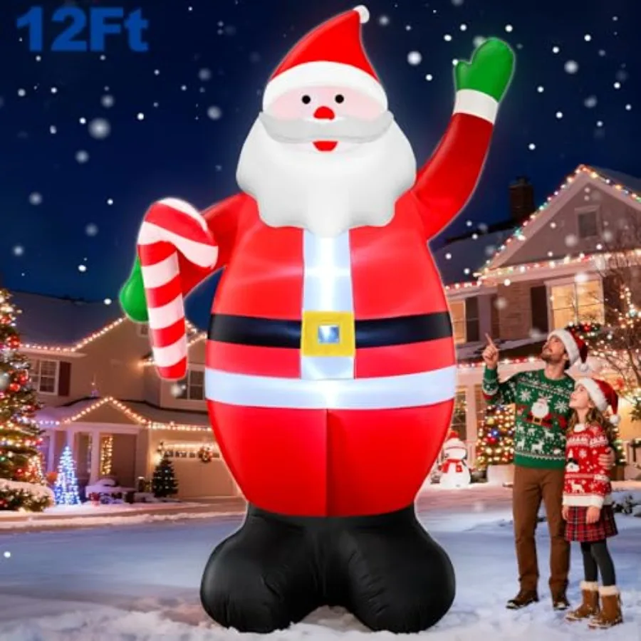 Decoración inflable de Papá Noel para exteriores de 12 pies x 7 pies en rojo y blanco, con luces LED integradas, accesorio de bastón de caramelo y cuerda de sujeción.