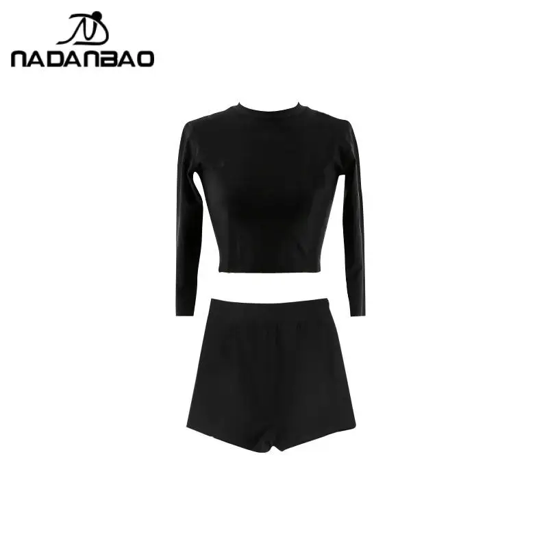 Nadanbao Black Slim Two-Piece Surfing Beachwear Women Sexy Zippper Bodysuit Swimsuit Female Long Sleeve Swimsuits Summer