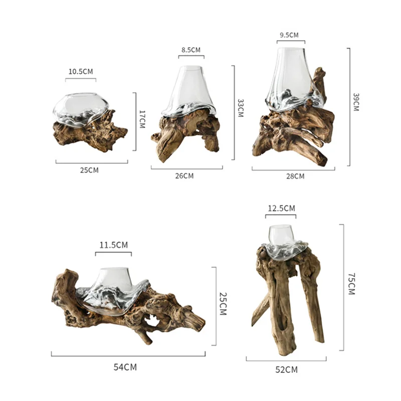 Glass Bonsai Vase Dead Wood Rack Hydroponic Planting Pots Flowerpot Art Wooden Frame Terrarium Home Decoration Accessories