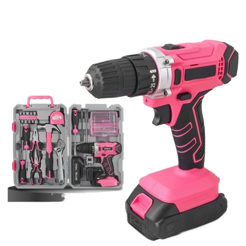 For Multifunctional Electric Drill Set, Household Screwdriver, Rechargeable Electric Batch Pistol Drill Hardware Pink Toolbox