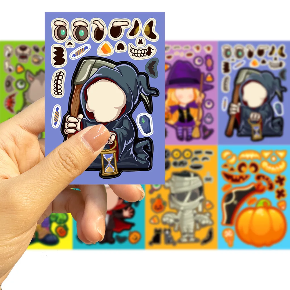 子供のためのハロウィーンパズルステッカートイ、顔を作る、カボチャ、幽霊、アニメ組み立てジグソーパズル、教育ゲーム、子供パーティーの好意、8枚