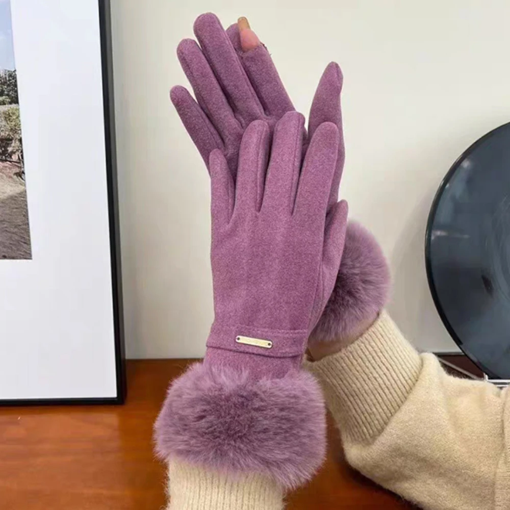 Women's Winter Warm Velvet Gloves Plush Wrist Suede Gloves Split Finger Gloves Windproof and Cold Proof Touchscreen Thick Gloves