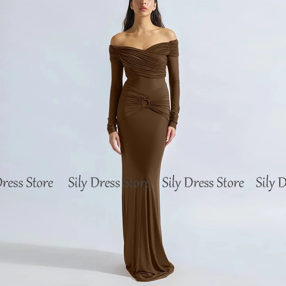 Elegant Saudi Brown Ceremony Dresses Spandex Sheath/Column Clubbing Dress Pleat Off-the-shoulder Modern Party Gown Long 2024