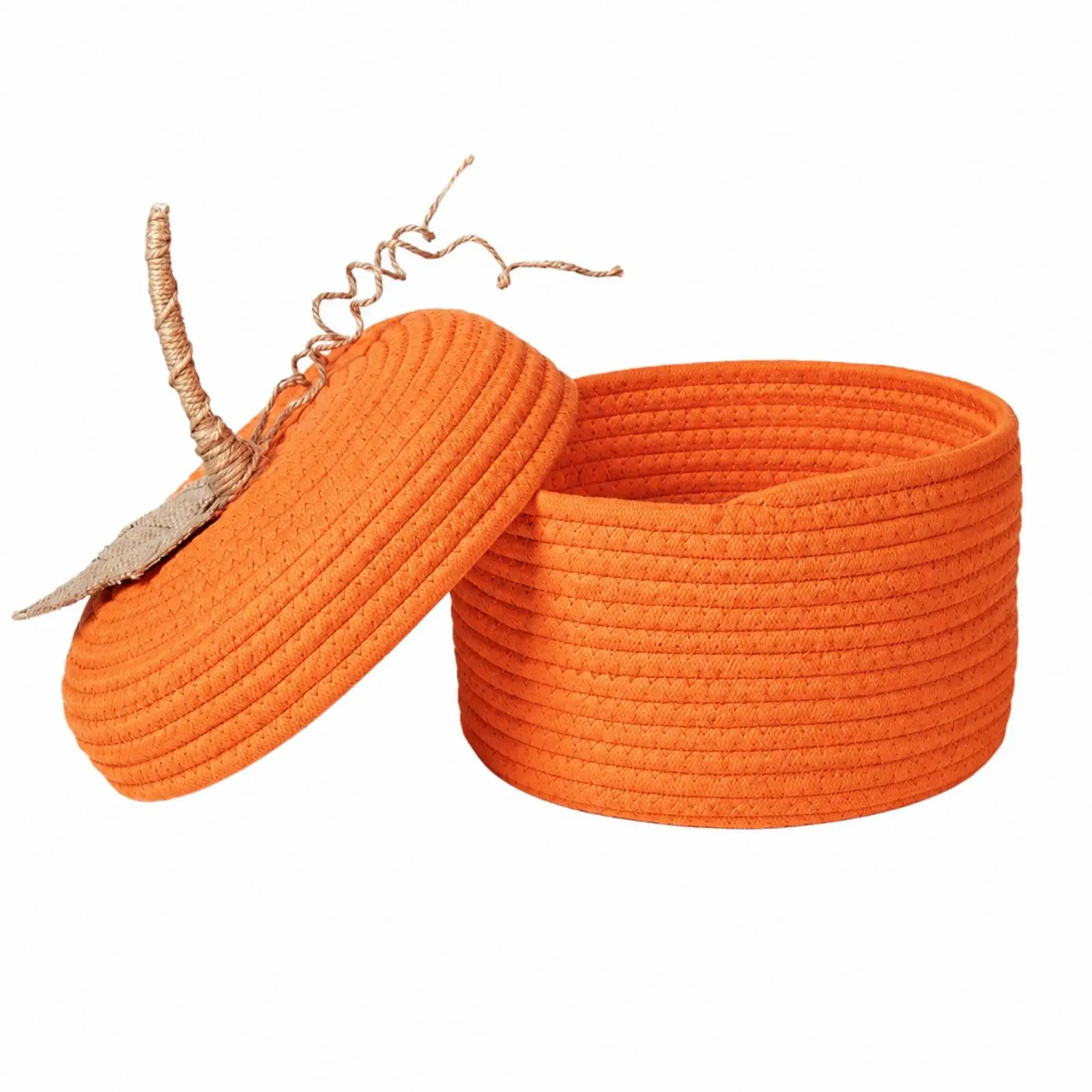 Rope Pumpkin Basket with Stem Halloween Pumpkin-Shaped Storage Basket Dustproof Woven Rope Bin with Lid for Tabletop