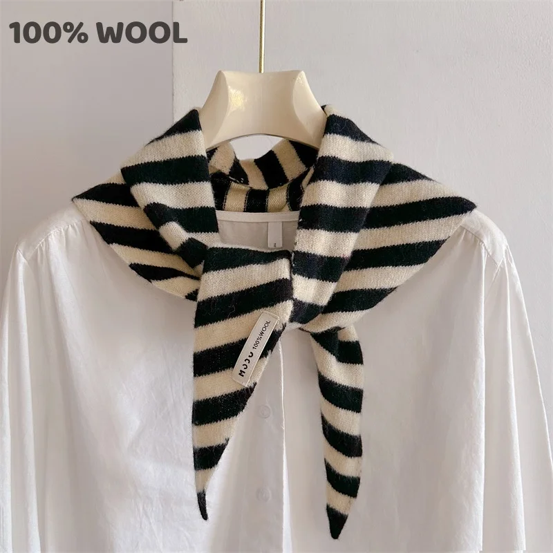 

Knitted Scarf Women 100% Wool Winter Warm Scarves Stripe Color Design Thickened Shawl Soft Triangle Pashmina Neck 2025 NEW
