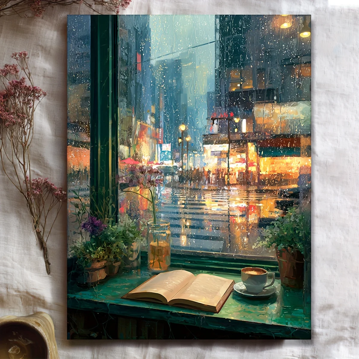 (No frame)1pc, Framed, 12X16 Inches [2D Flat] Humorous Artwork in Manga Style Depicting a Rainy City Café Window Scene - Feat
