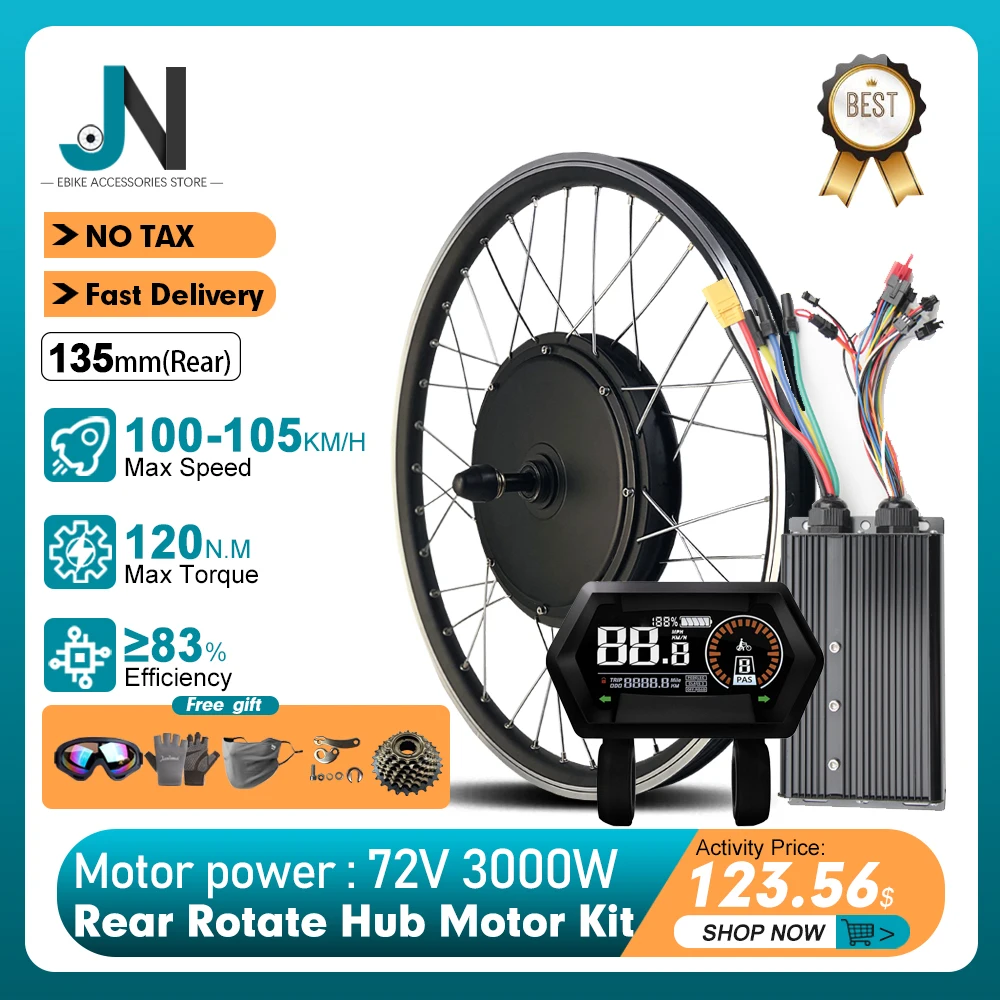 

72V 3000W Ebike Conversion Kit Brushless Gearless Rear Rotate Hub Motor Wheel Speed 100-105km/h for Electric Bike Kit 20-29inch
