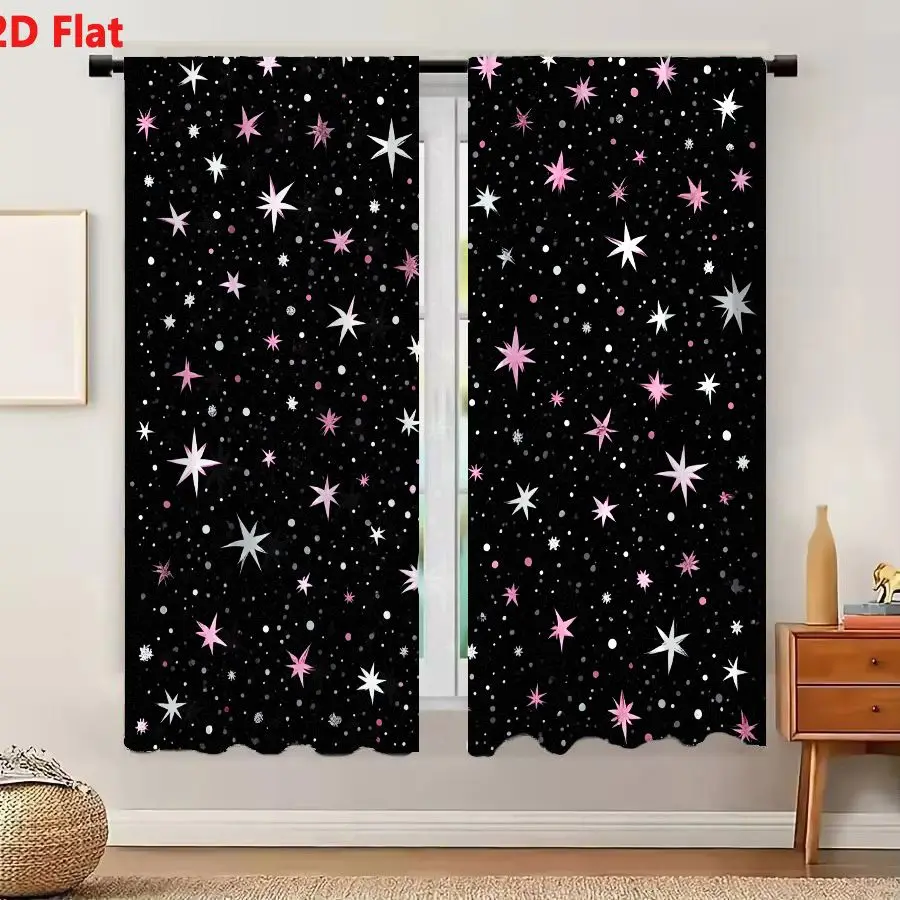 2Pcs Curtains 2D Flat Starry Night Seamless Pattern With White And Light Pink Stars On Black Background Window Drapes for Bedroo