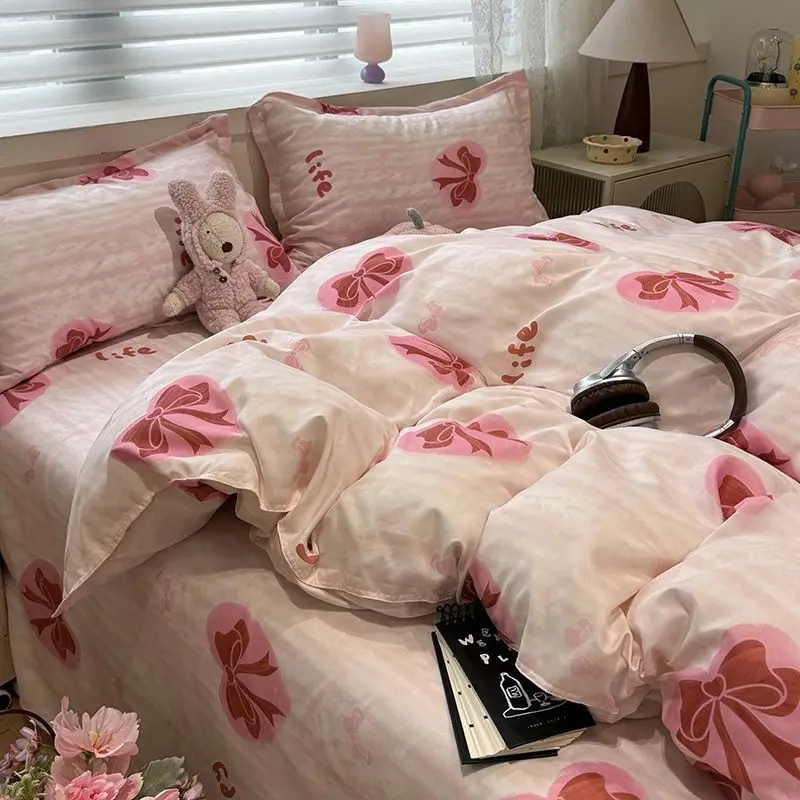 Pink Bowknot Duvet Cover Set No Filler with Flat Sheet Pillowcases Single Double Queen Size Girls Ins Korean New Bedding Kit