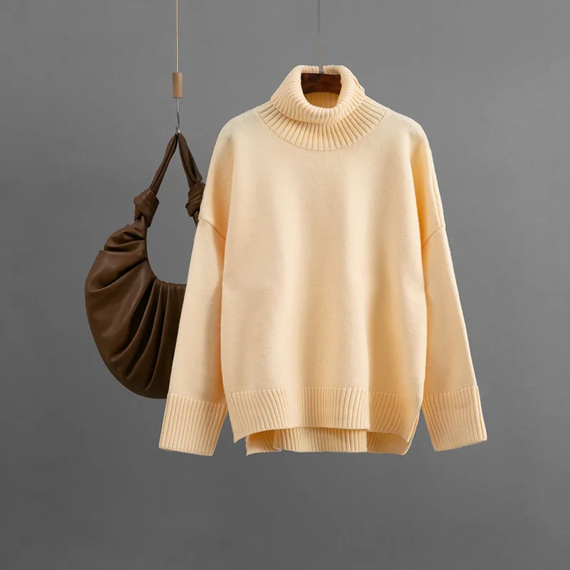 

Европейская и американская женская одежда, осенне-зимний новый повседневный свободный универсальный пуловер, водолазка, однотонный свитер, женский топ