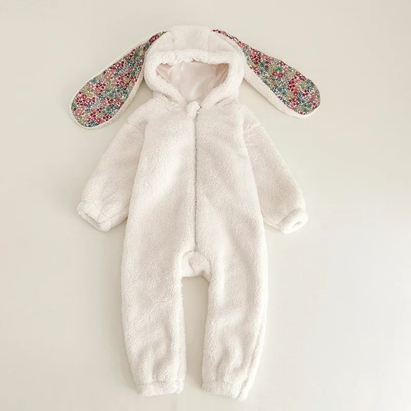 2024 Warm Fleece Baby Rabbit Romper for Winter Autumn Cute Long Sleeve Hooded Onepiece Pajamas Toddler Homewear Clothes