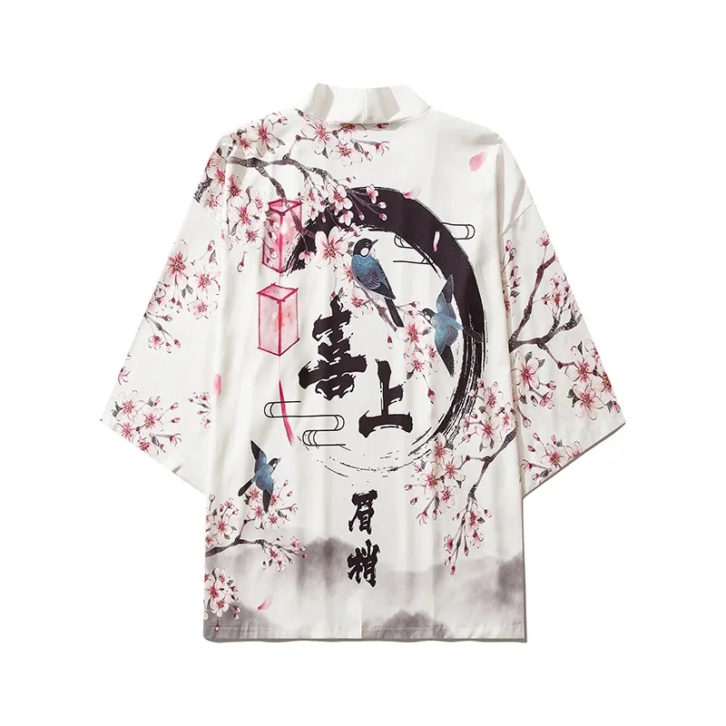 TikTok-kimono japonés obi Yukata Haori para mujer y hombre, cárdigan con estampado 3D de flores y pájaros, abrigo japonés, ropa tradicional