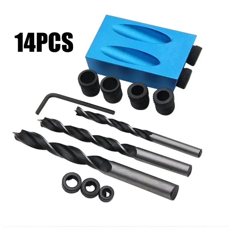 Blue 14pc 15 ° Woodworking Oblique Hole Locator 7pc Drilling Regulator Limit Three-point Woodworking Drill Tool Set