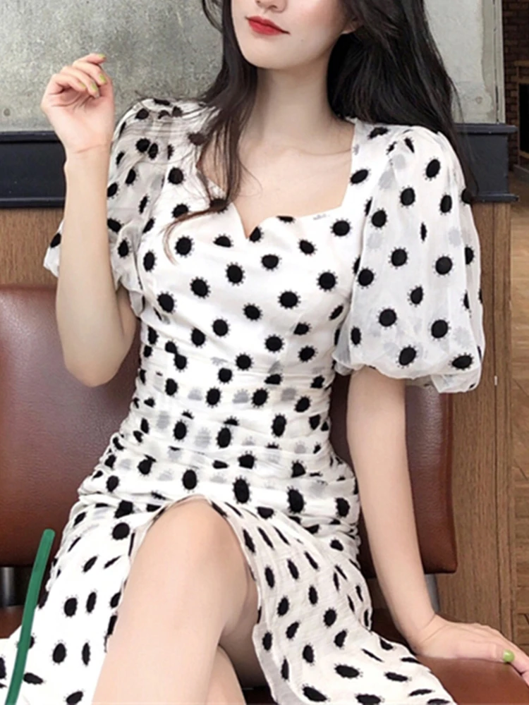 Women\'s Summer Dot Print Midi Dress Short Sleeve Elegant Party Vestidos Female Fashion Casual Clothes