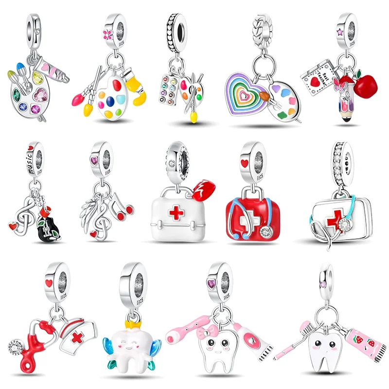 

925 Silver Fit Pandora 925 Original Bracelets Music Symbol Drawing Plate Medicine Box Career Series Charms Beads for DIY Jewelry