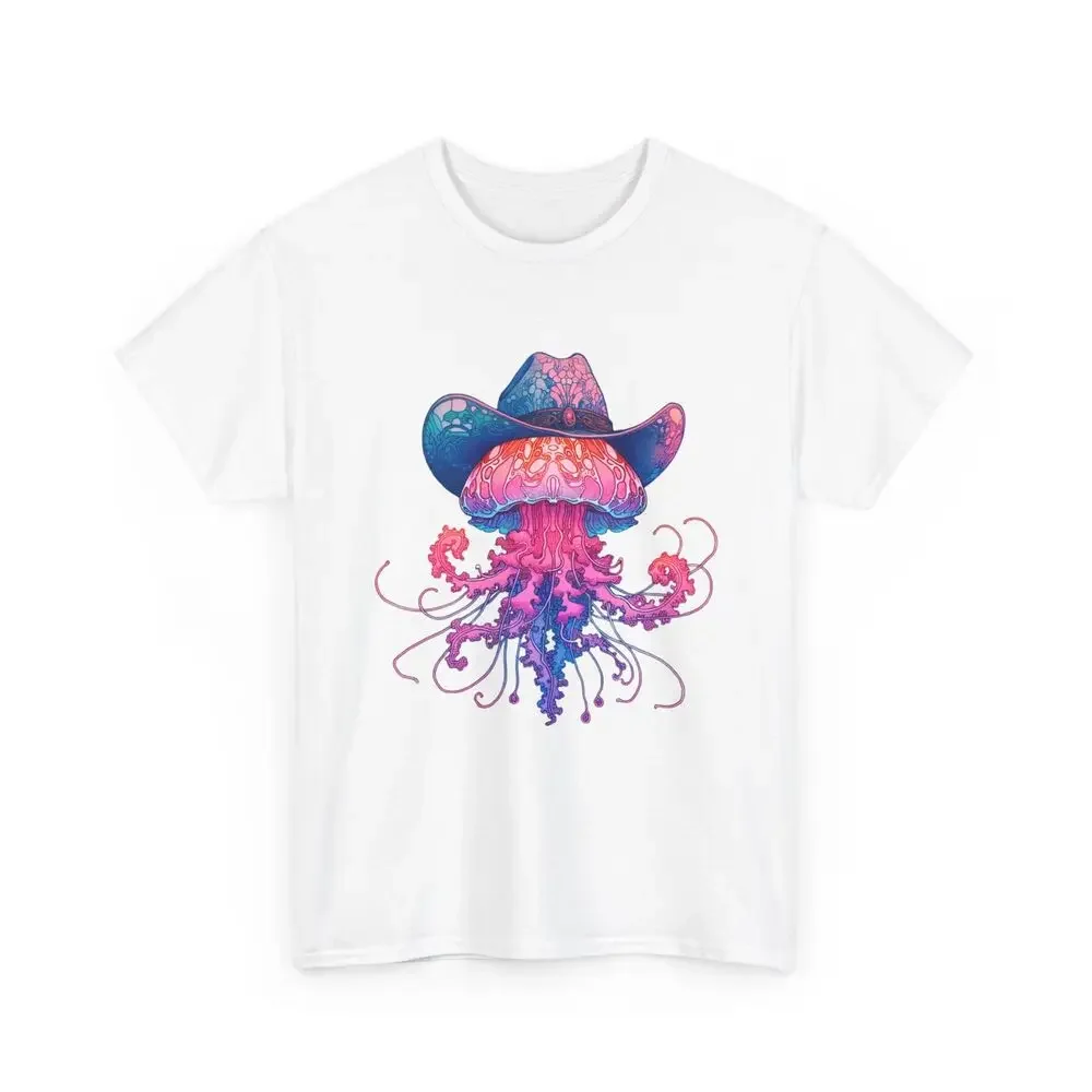 Unisex Adult T Shirt Art Nouveau Jellyfish in a Cowboy Hat Neon Pink Blue Ocean  High Quality 100%Cotton Short Sleeve