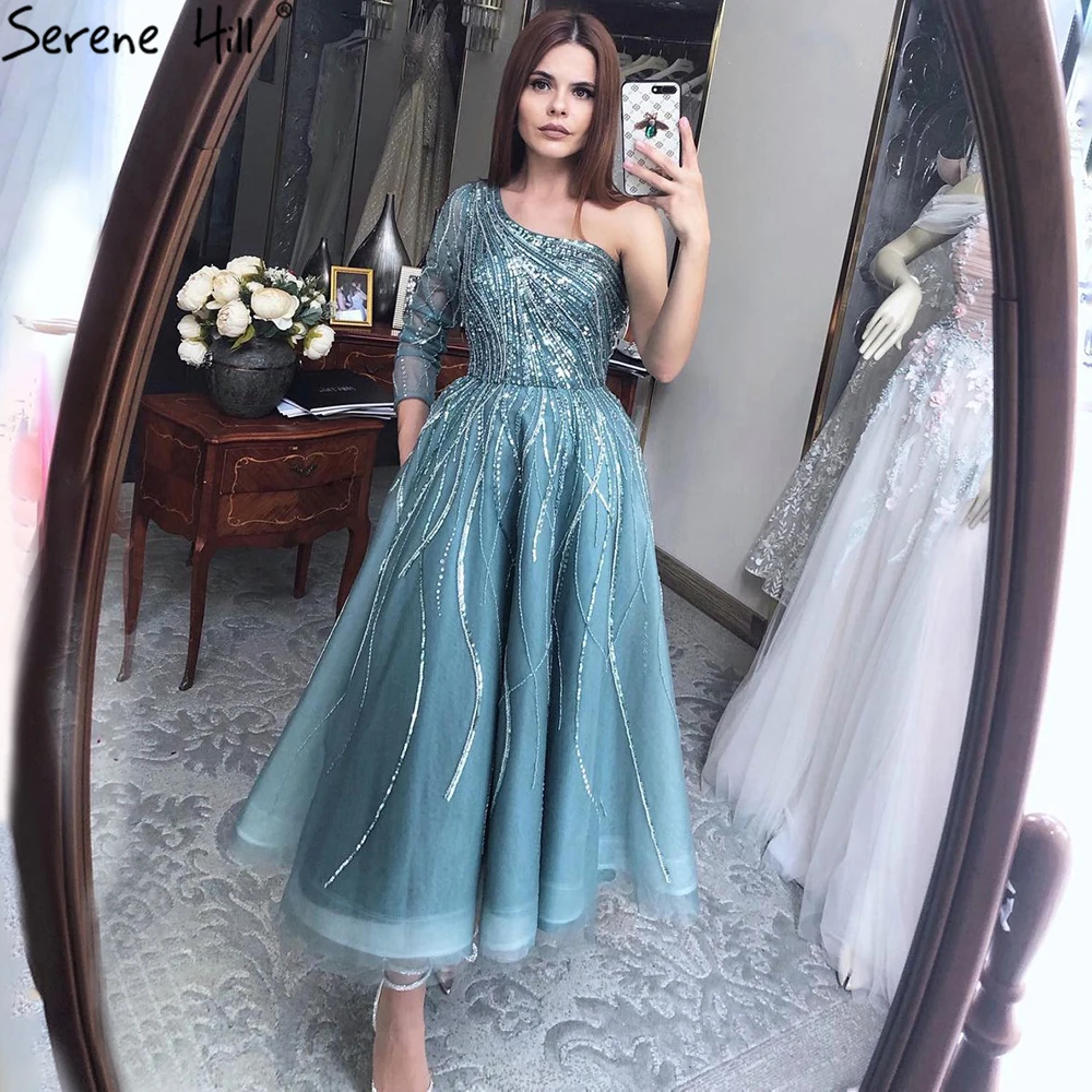 Serene Hill Turquoise  Ankle Length Evening Dresses Gowns 2025 One Shoulder Beaded LuxurFor  Party LA71021 Customized