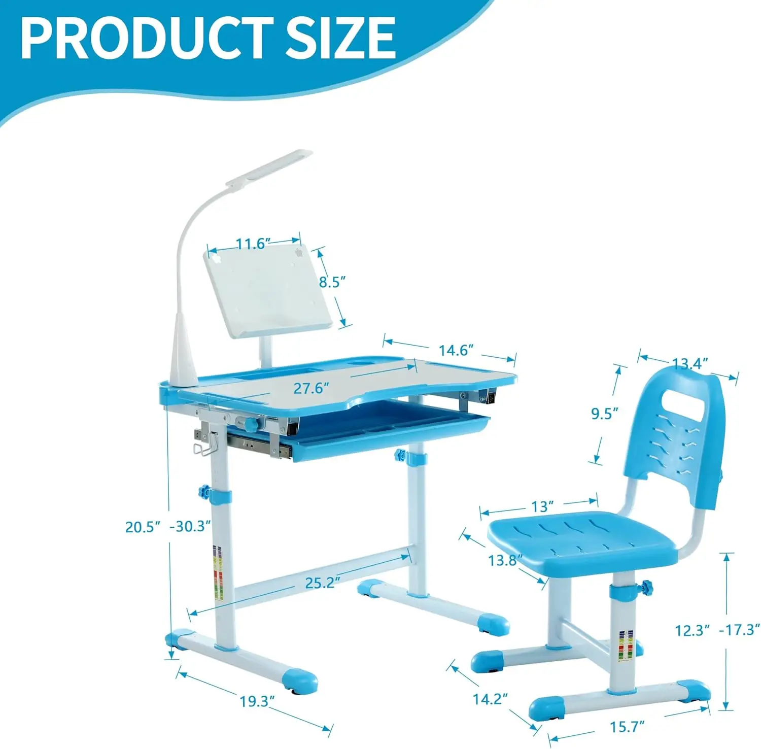 Kids Functional Desk and Chair Set, Ergonomic Height Adjustable Children School Study Desk with Tilt Desktop, Book Stand, LED Li