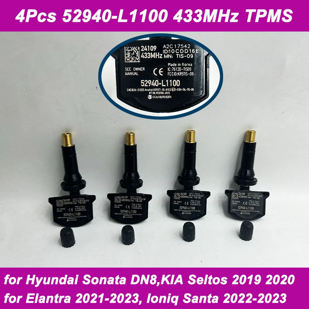 4Pcs 52940-L1100 52940L1100 433MHz TPMS Tire Pressure Sensor For 2020 2021 2022 2023 Kia Optima Sorento Hyundai Sonata Elantra