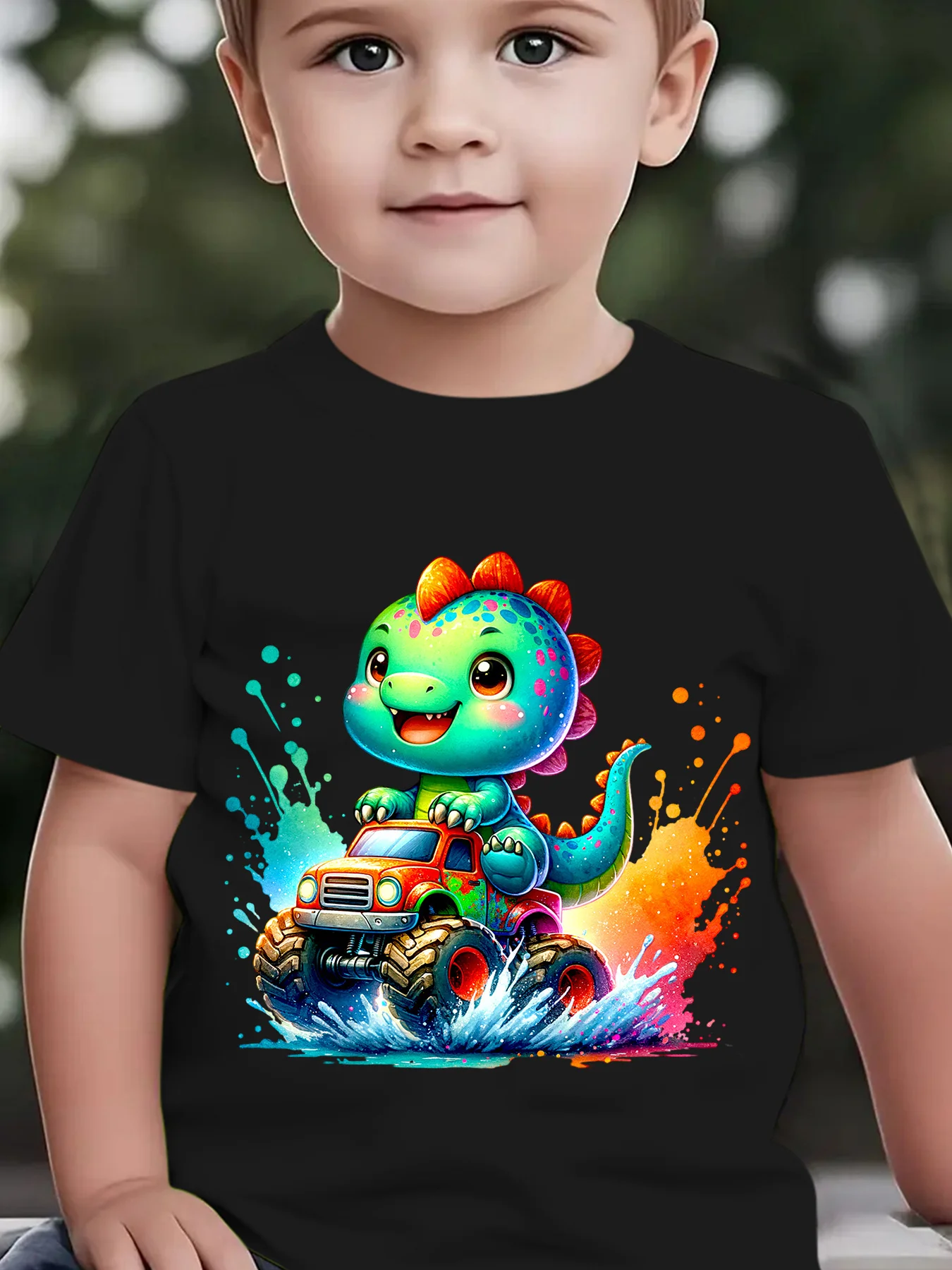 Rainbow Dinosaur Monster Truck Splash Print Family Matching Cotton Tees Short Sleeve Tops For Mom Dad Boys Girls Daily Wear