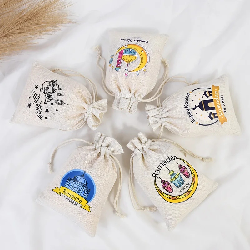 10Pcs Ramadan Kareem Linen Gift Bag 2026 Islamic Muslim Party Home Decoration Supplies Eid Mubarak Candy Snack Packaging Pouches
