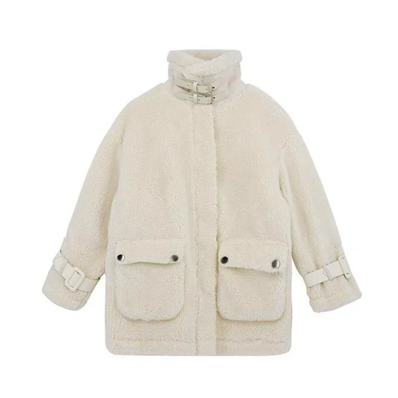 Lamb Wool Coat Female Winter Korean Loose Pockets Plush Thick Warm Parkas Women Cotton Padded Jacket Japanese Jackets White