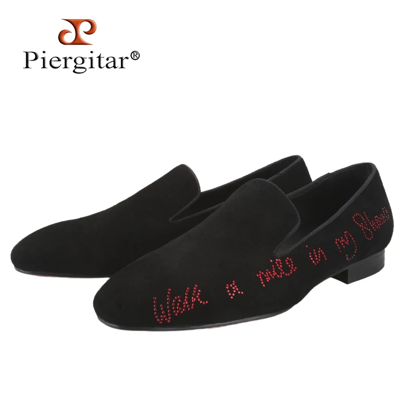Piergitar Black Suede Men's Loafers With Handmade Red Letters Crystals Italian Luxury Brand CL Same Design Moccasins Red Outsole
