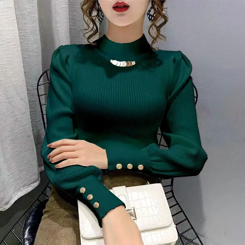 Solid Color Autumn Winter Button Long Sleeve Pullover Women's Clothing Rivet Elegant Lantern Long Sleeve Screw Thread Tops