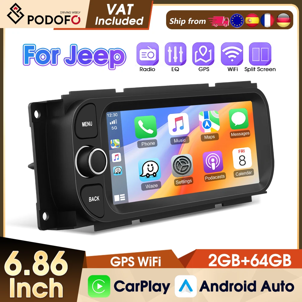 Autoradio stéréo Podofo 6,86 pouces 2+64G pour JEEP Grand Cherokee Liberty Wrangler Chrysler 2002-2006 FM RDS GPS EQ Systèmes intelligents pour voiture