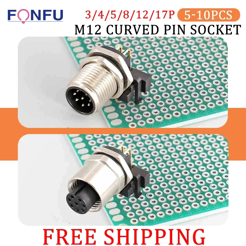 

5/10PCS M12-3P 4P 5P 6P 8P 12Pin Waterproof IP67 Aviation Male Female Fixed Socket Curved Needle PC Board Install The Connector