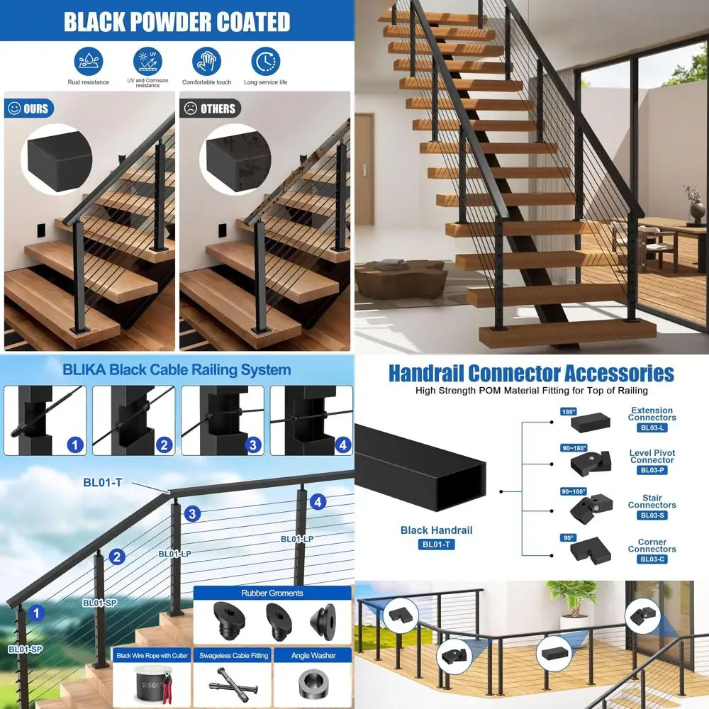 

2 упаковки, 4 фута, черные кабельные перила из нержавеющей стали, прямоугольные перила с режущей поверхностью и нейлоновыми торцевыми заглушками для кабины