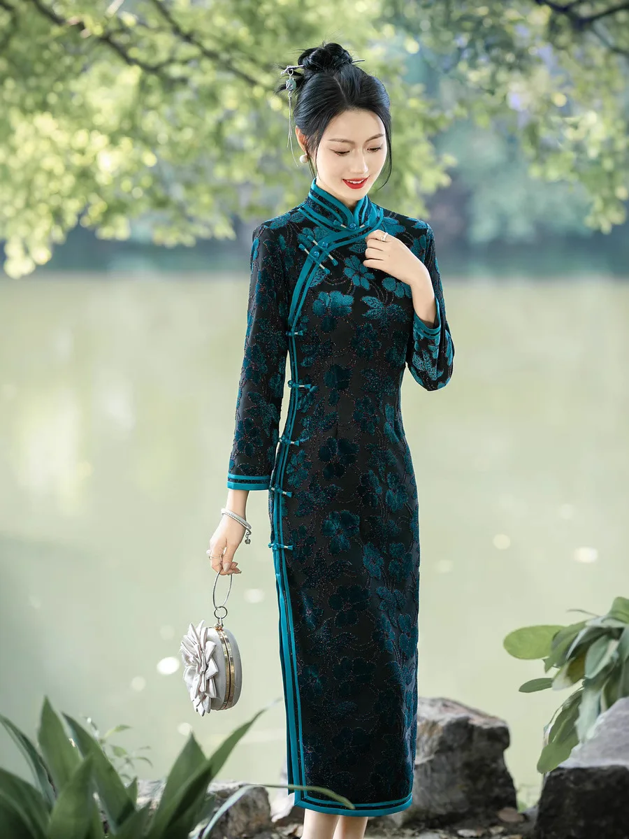 ele-long-qipao-dr-en-olive-avec-sves-sept-quarts-vintage-sle-usage-quotidien-pour-femmes-matures-belles-et-chaudes