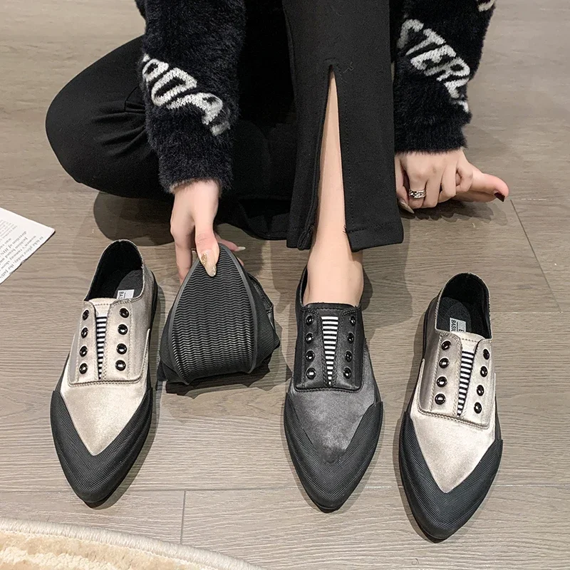 Women Sneakers New Spring Autumn Pointed Toe Cross-lace Rubber Sole Soft Bottom Casual Ladies Flat Vulcanize Sports Walk Shoes