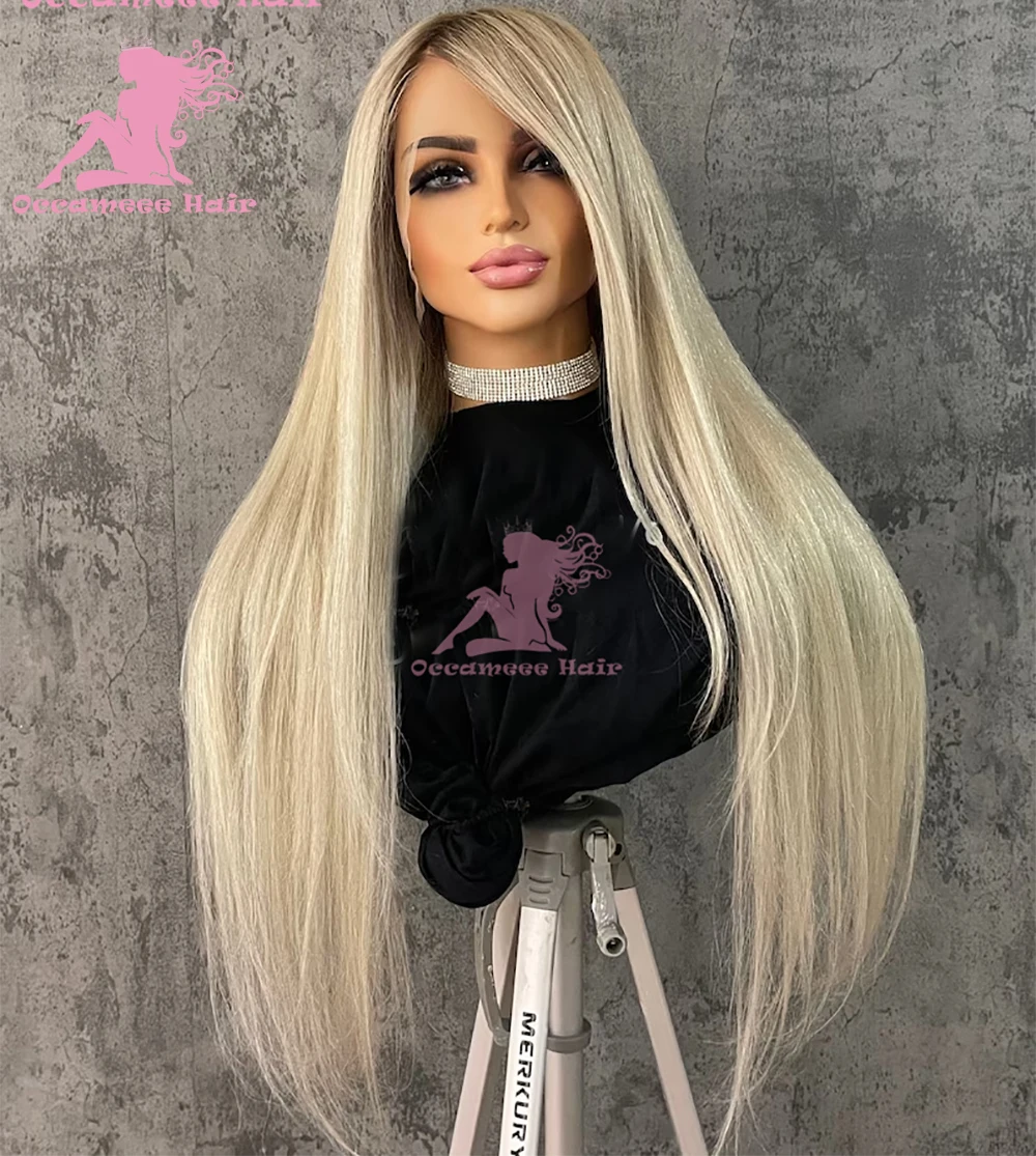 Aschblonde Perücken aus Echthaar, braune Wurzeln, 13 x 6 360 Lace-Frontal-Perücke, gerade, transparente Spitze, brasilianische vorgezupfte Echthaar-Perücken