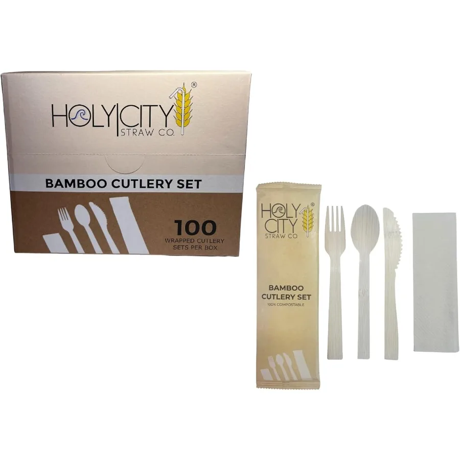 

Disposable Wrapped Bamboo Cutlery Set 100 Packs 1 Knife 1 Fork 1 Spoon and 1 Kraft Napkin 7in Biodegradable Utensils Compostabl