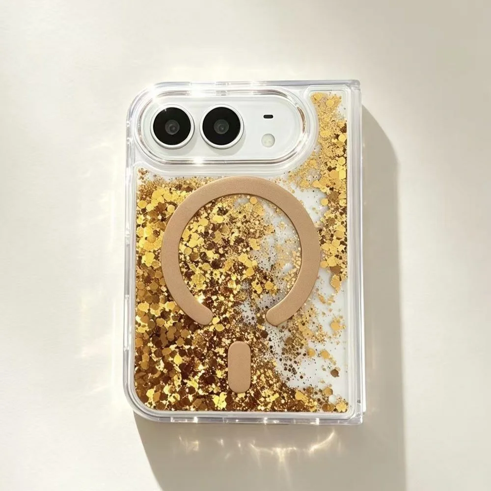 Funda de arena movediza líquida para iPhone Duo, con diseño magnético, plegable, de TPU, resistente a los golpes, con purpurina y brillo, y compatible con carga inalámbrica.
