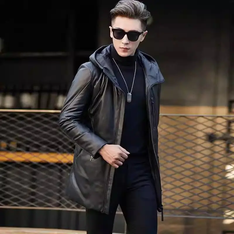 Genuine Leather Coat Men Mid length Hooded Sheepskin Puffer Jacket Man Winter Detachable Access Control Leather Down Coat Male