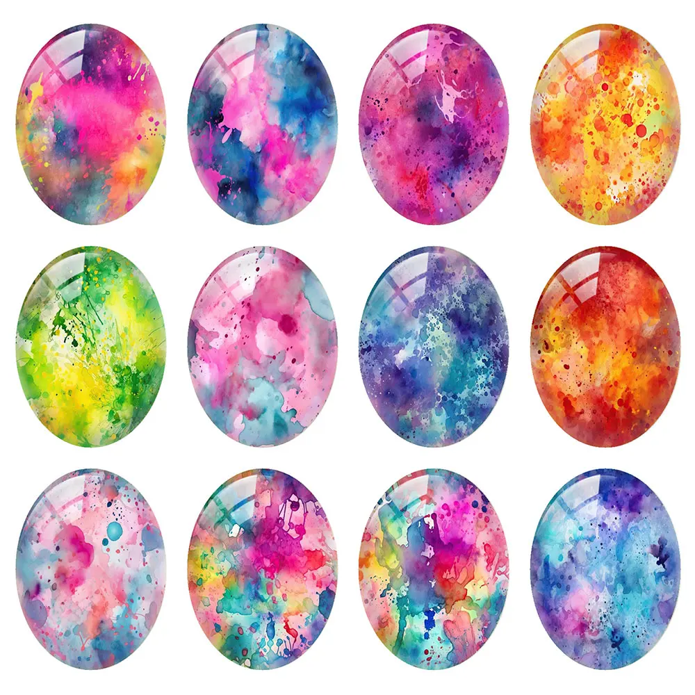 Random Mixed Round/Oval/Square Watercolor Blending Rainbow Color Photo Glass Cabochon Flatback Demo Cameo For Diy Jewelry Making