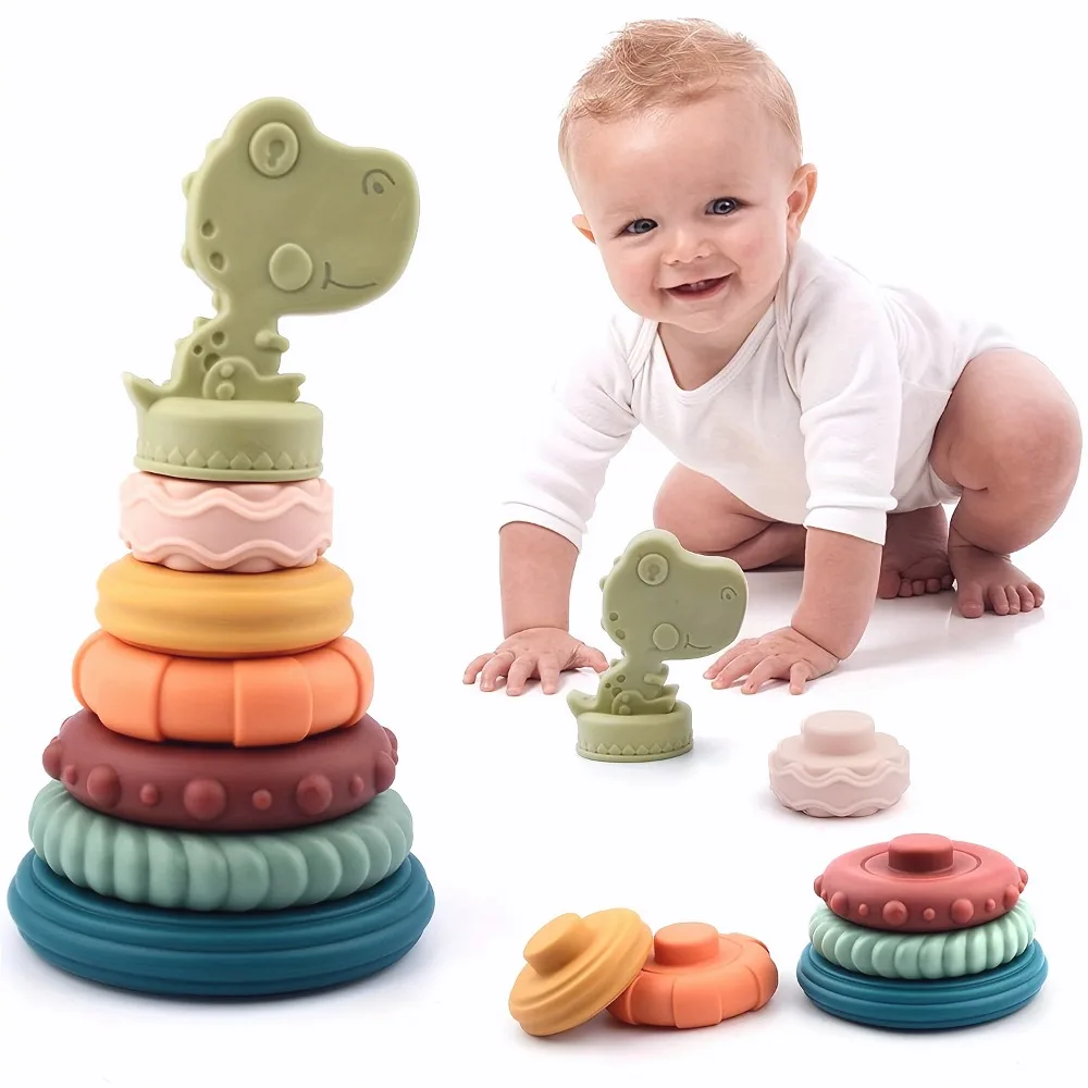 Baby Colorful Dinosaur Stacking Toy - Exercise Fine Motor and Cognitive Development - Early Learning Soft Rubber Educational Toy