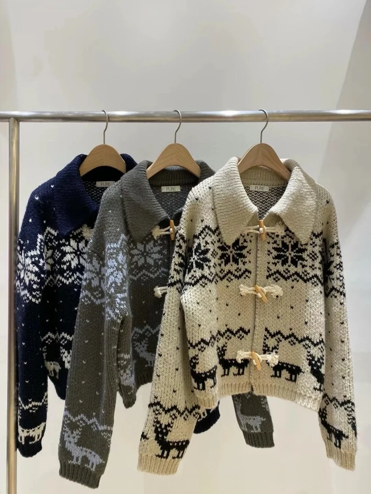 

Nordic Sle Heavyweight Turn-down Collar Sweater Coat with Horn Button Retro Loose Women's Outerwear Knitted Warmth Fce