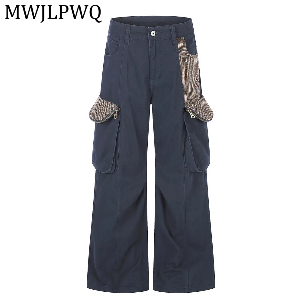 MWJLPWQ American Retro Men's Workwear Plaid Slightly Flared Trousers Trendy Patchwork Zipper Pockets Loose Wide-Leg Pants 16782