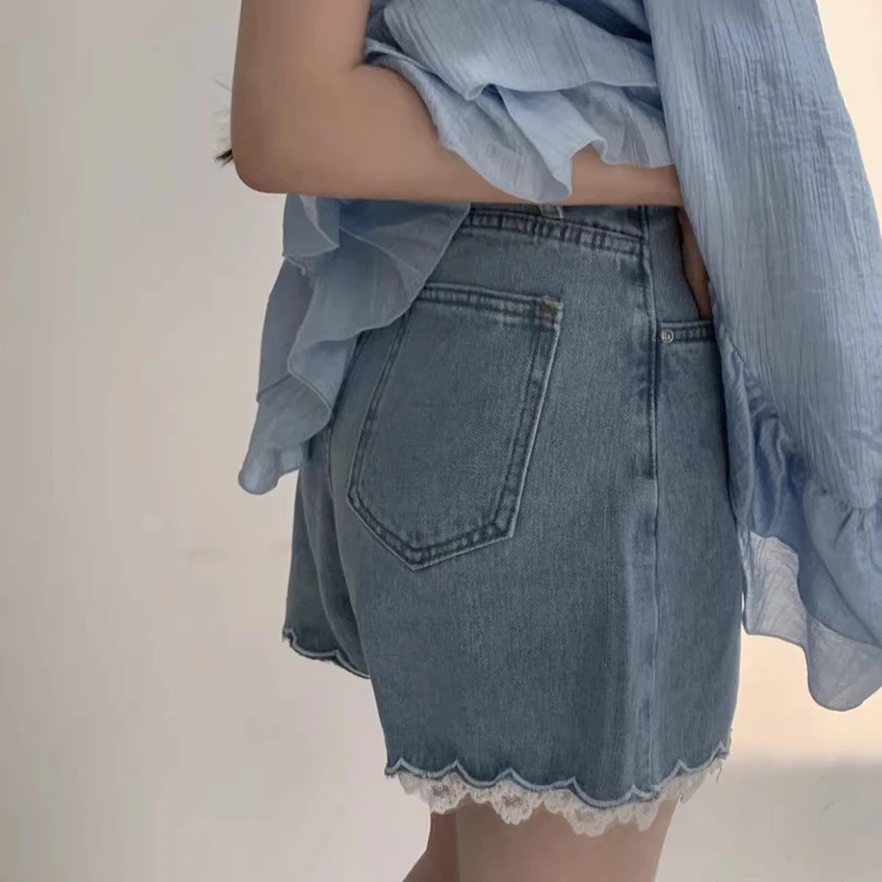 

High Waist Wide Leg ort Jeans Women's Summer New Sle Lace Trimmed Patchwork Slimming Hot Pants Casual Waed Denim Skinnies