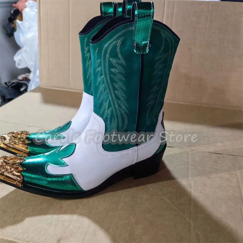 Male Metal Mixed Color Pointed Toe Western Cowboy Boots Retro Embroidered High Heel Mid-Calf Boots Party Daily Wear Ankle Boots