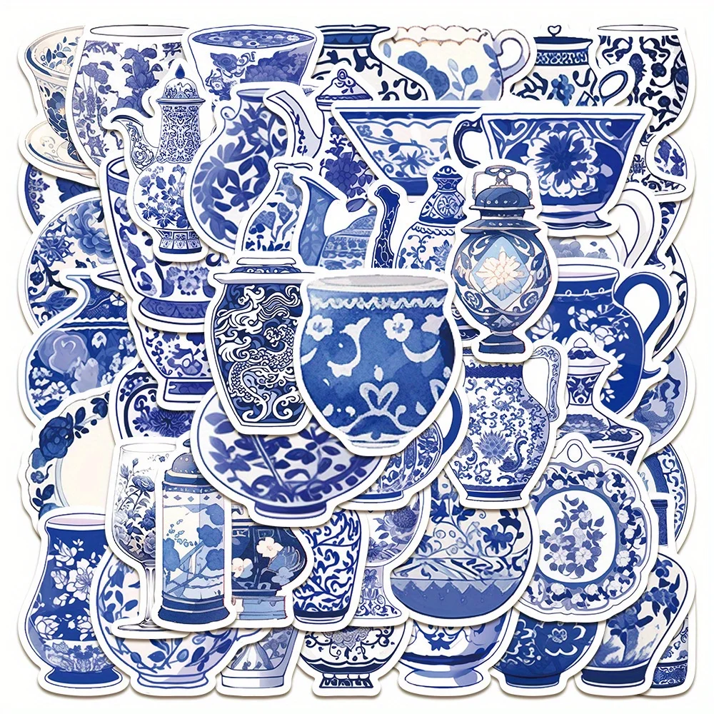 50 Stück blau-weiße Porzellan-Graffiti-Sticker für Wasserflaschen, Schutzhelme, Gepäck, Fahrräder, Skateboards