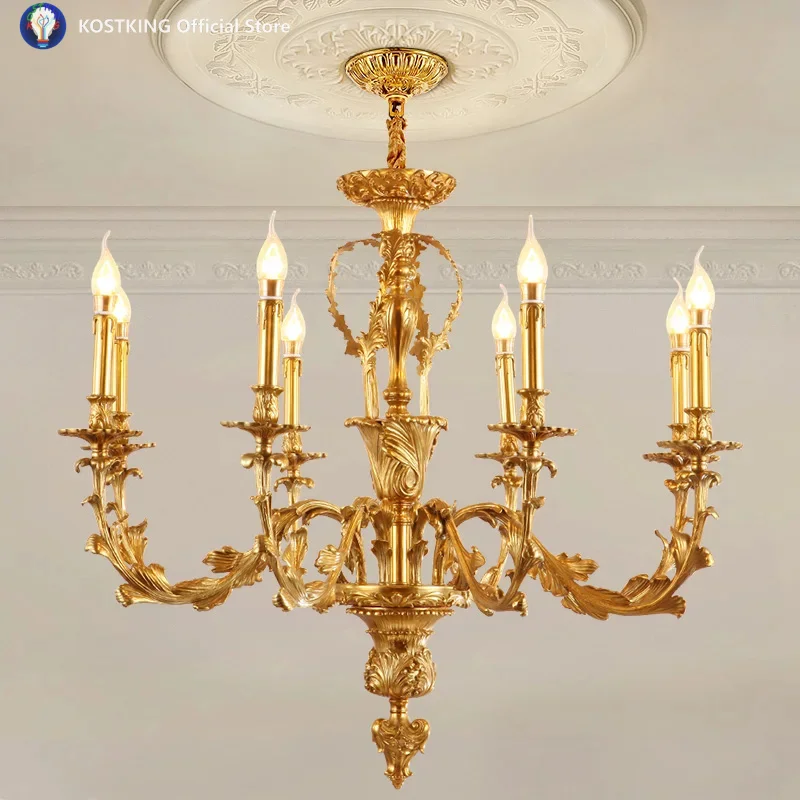 2026 European Vintage Living Room Dinning Room Brass Carve LED Pendant Light French Luxury Villa Decoration Copper Candle